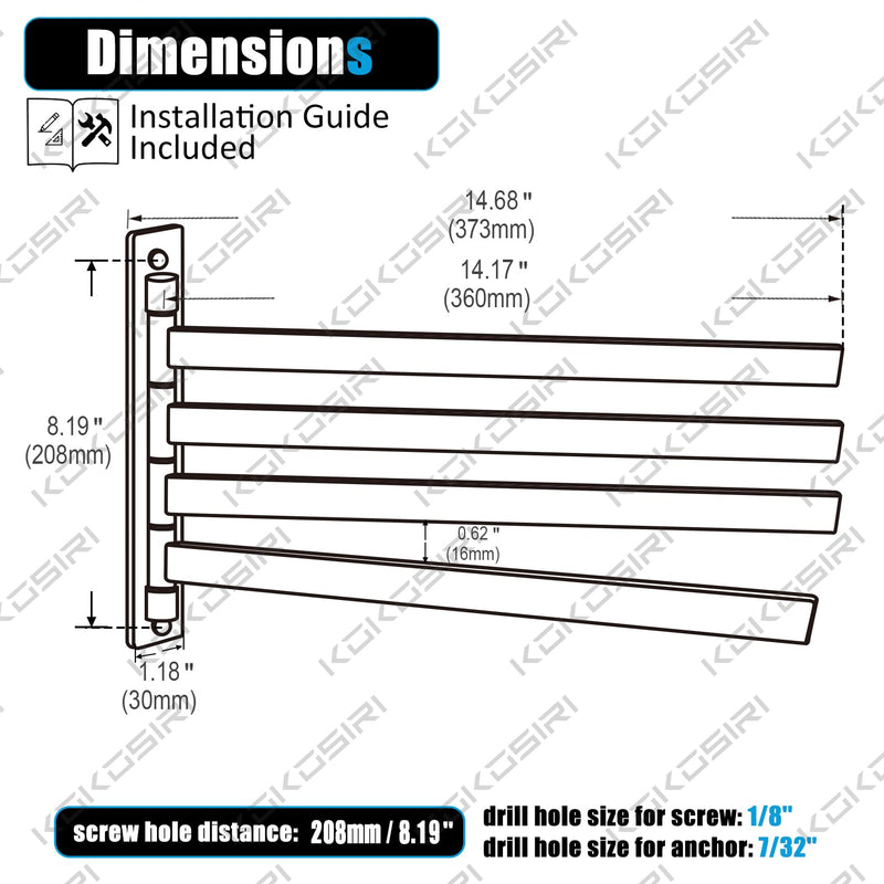 KOKOSIRI Bathroom Towel Bars Swivel Towel Rails Matte Black Swing Out Hand Towel Holder 4-Arm for Bath Kitchen Wall Stainless Steel B5007BK-A4 4-Bar