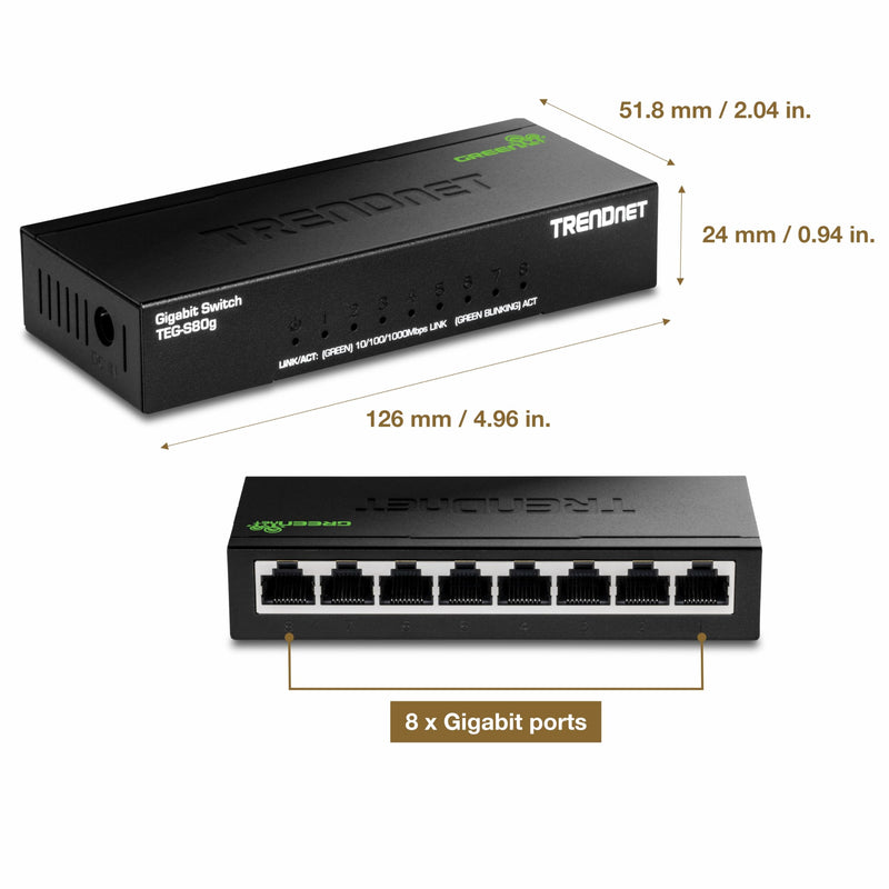 TRENDnet 8-Port Mini Gigabit Switch, TEG-S80g, Ethernet Splitter, NDAA + TAA Compliant, Desktop Metal Ethernet Network Switch, 8 x Gigabit Ports, Fanless, Lifetime Protection, Black