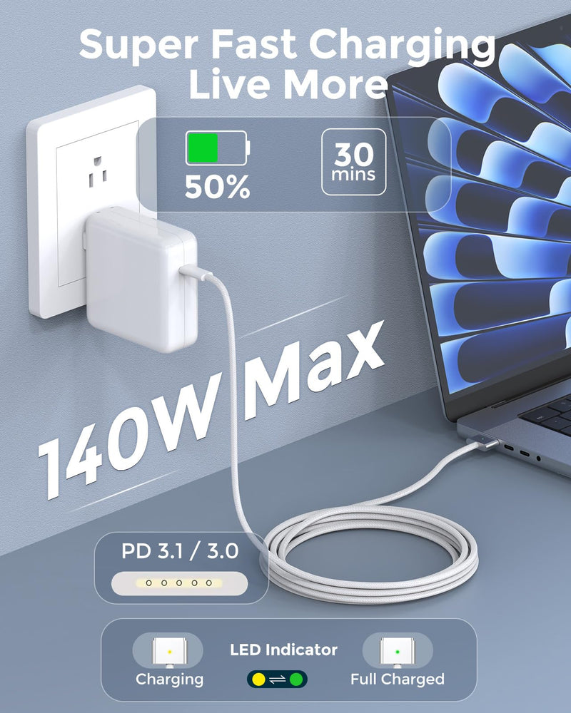 USB C to Magnetic 3 Charger Cable for MacBook Air 13.6 15 inch MacBook Pro 14 16 M5 M4 M3 M2 M1 2026 2025 2024 2023 2022 2021, Braided Cord & LED, Powerful Magnetic, Original Quality, 10ft Sliver 1
