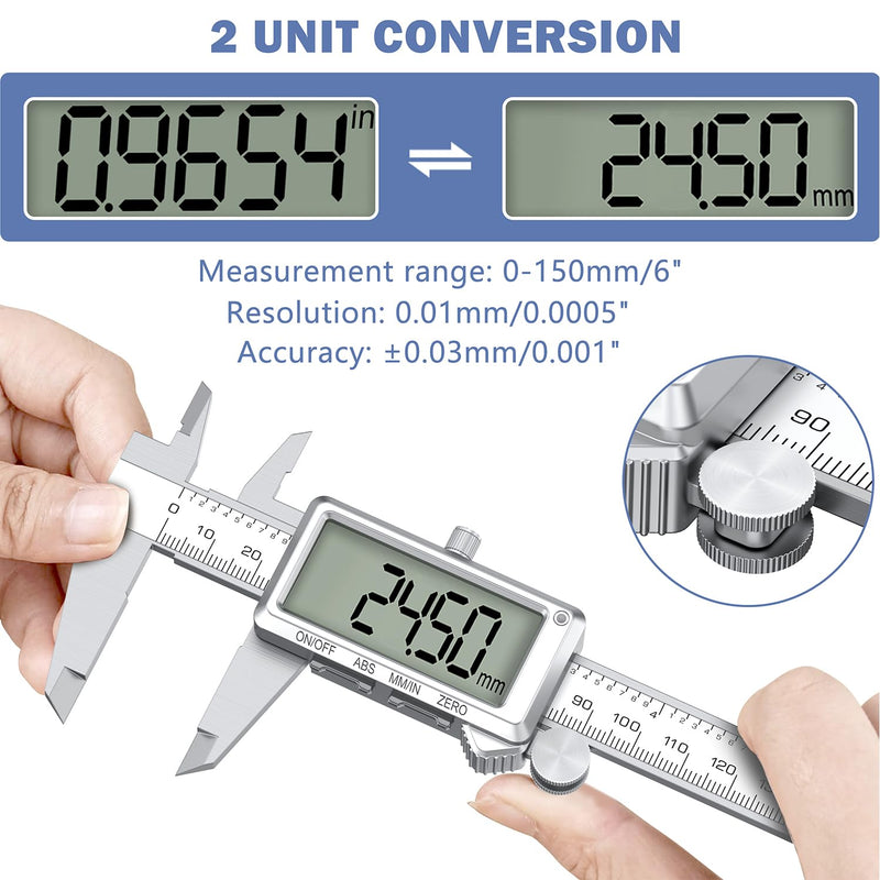 HDLNKAK 6”/150mm Rechargeable Digital Caliper, Inch/MM Conversion Caliper Measuring Tool with Large LCD Screen, Stainless Steel Caliper Tool for DIY/Household/3D-printing. White