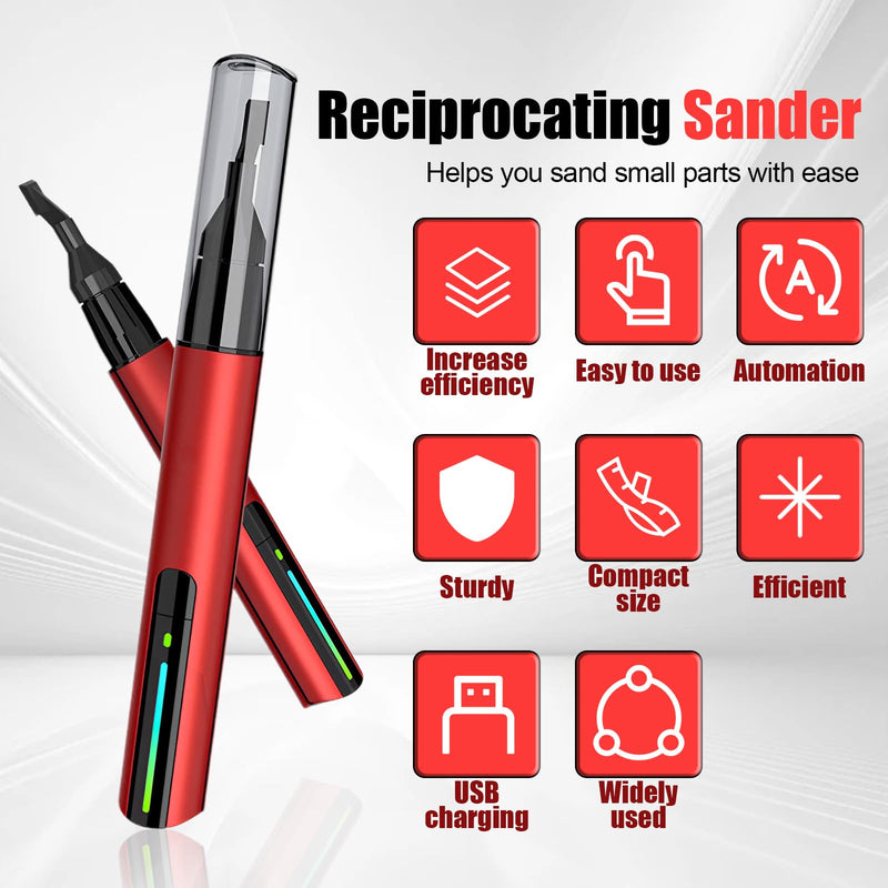 Sabre grinder with 8 types of grinding heads, 12 types of sandpaper, mini pen sander, overload protection, 3-speed reciprocating sander, USB fast charge, electric grinding pen, 10 functional light effects