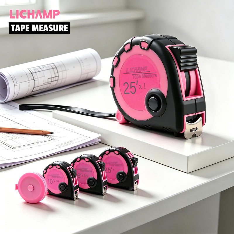 Lichamp Pink Tape Measure 4 Pack, with Soft Tape Measures, 10ft x 5/8in, 16ft x 3/4in, 25ft x 1in, 04MXPK