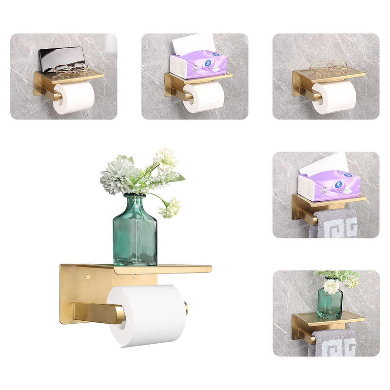 NearMoon Toilet Paper Holder with Shelf, Heavy Duty Bath Toilet Roll Holder with Phone Shelf Tissue Hanger for Bathroom/Kitchen No Drill or Wall Mounted(304 Stainless Steel, Brushed Gold)
