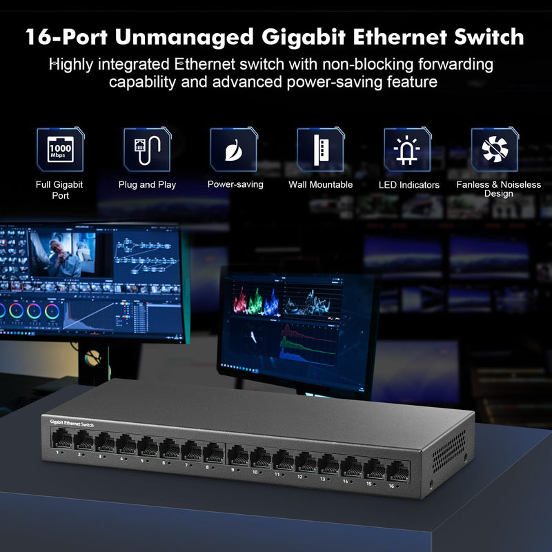 MokerLink 16 Port Gigabit Ethernet Switch, Fanless Metal Unmanaged Plug and Play Network Switch 16*1G