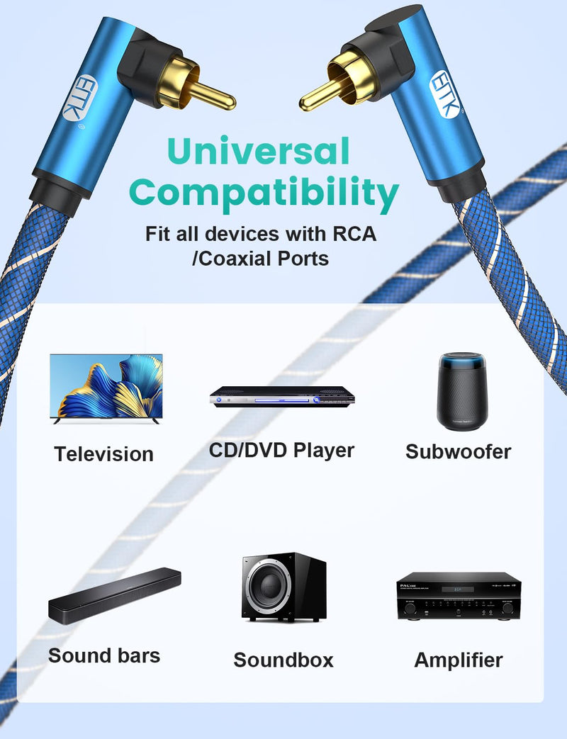 EMK 90 Degree Subwoofer Cable 2PACK, RCA Cable Male to Male Digital Coaxial Audio Cable for Subwoofer, TV, Sound Bars, Amplifier,Speaker(16.5FT/5M) 16.5FT/5M 90 Degree to 90 Degree