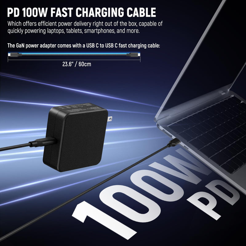 NEEWER PD 100W USB C Charger with 100W USB C Fast Charging Cable, GaN Fast Wall Charger AC Power Adapter for NEEWER HB80C HS60B HS60C Video Lights V Mount Batteries NP-F Chargers, PD200W0500G4T