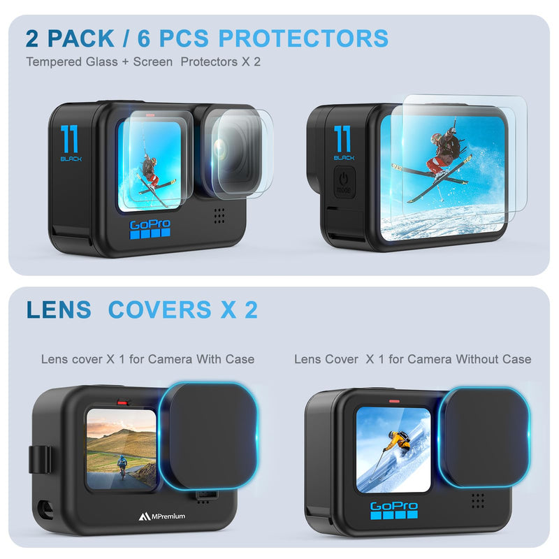 MiPremium Black Silicone Sleeve Case for GoPro Hero 12 11 10 9 Black Cameras with Battery Side Cover, Screen Protectors, Lens Caps & Lanyard – Complete Accessories & Protection Kit Bundle for Go Pro