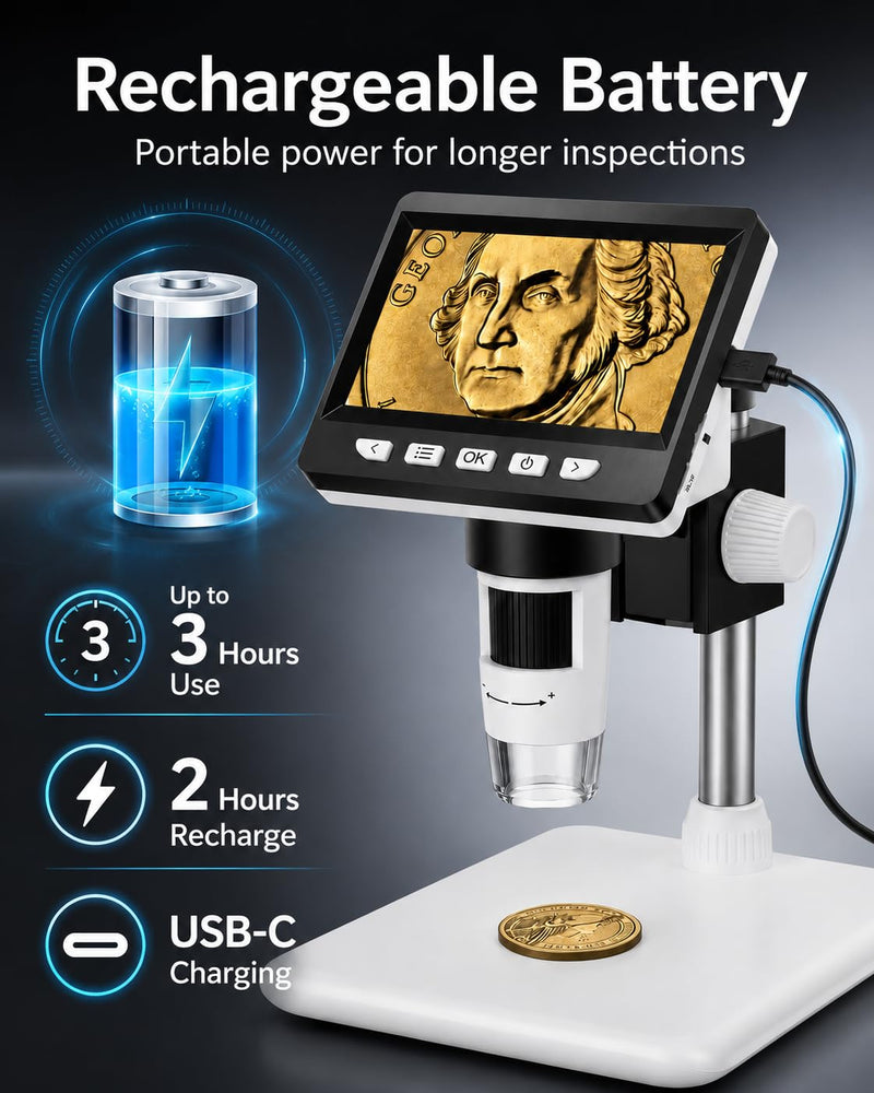 AOPICK Microscope Mobile Phone, LCD Digital Microscope 50X-500X Resolution, 4.3 Inch 1080P USB Microscope with 8 Adjustable LED Lights, PC View, for Adults / Children, Compatible with MacOS Windows White Small