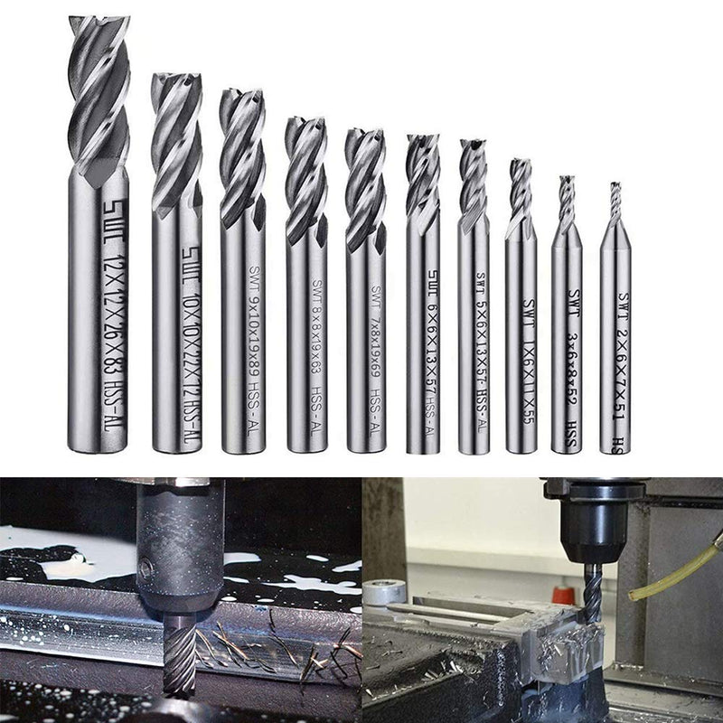 ASNOMY 10pcs HSS End Mill CNC Lathe Straight Shank 2-12mm, 4 Flute Spiral Cutter Cutting End Mill Set Drill End Mill Cutter Bit 2/3/4/5/6/7/8/9/10/12mm 10pcs-2/3/4 /5/6/7/8/9/10/12mm