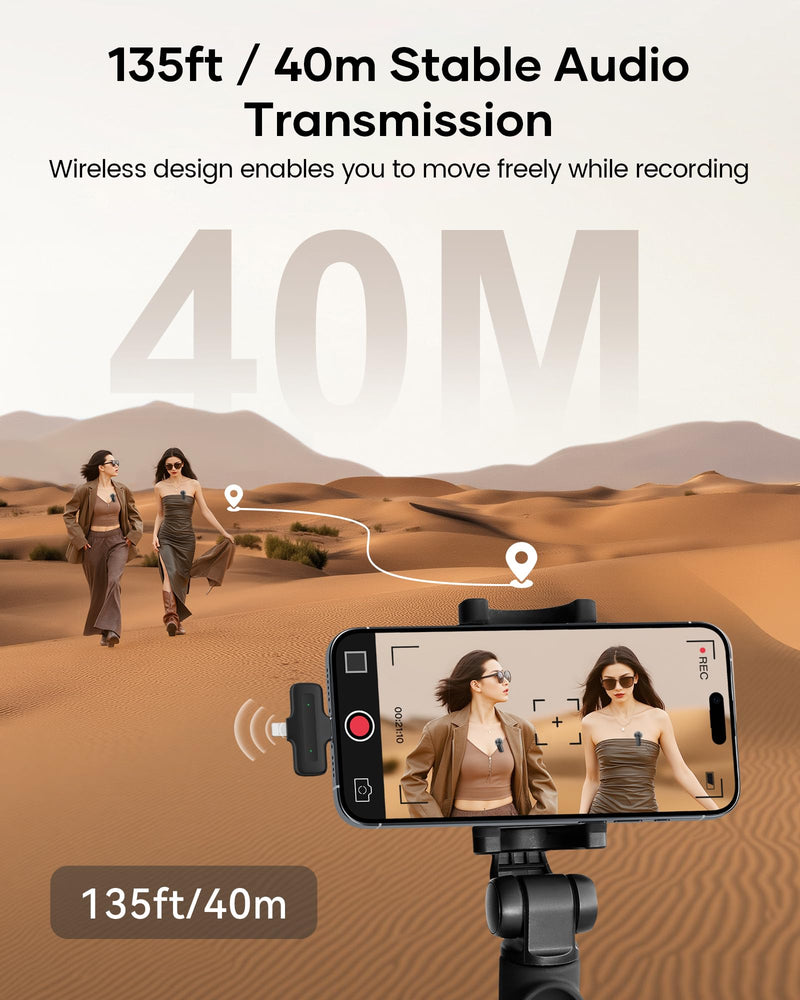 Wireless Lavalier Microphone for iPhone iPad Android with Charging Case,Lapel Mic with Noise Reduction,36H Battery Life, 135ft Range, Mini Microphone for Video Recording,YouTube,Vlog,Live Streaming Mic 2 (2 TX + 1 RX + Case + Wind Covers)