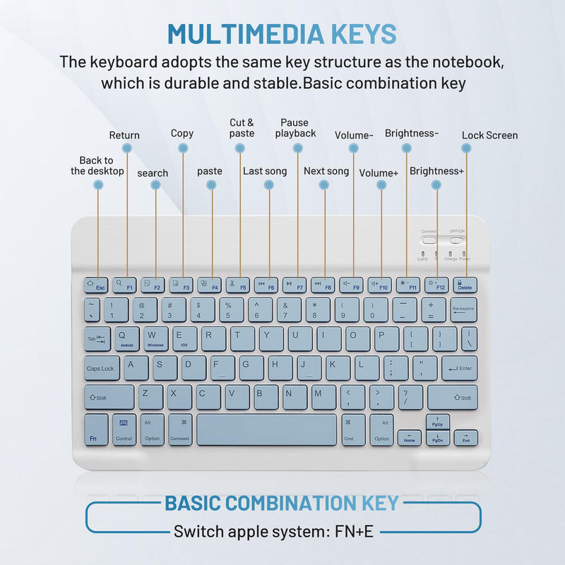 Bluetooth Keyboard and Mouse Combo Rechargeable Portable Wireless Keyboard Mouse Set for Apple iPad iPhone iOS 13 and above Samsung Tablet Phone Smartphone Android Windows (10 inch Blue)