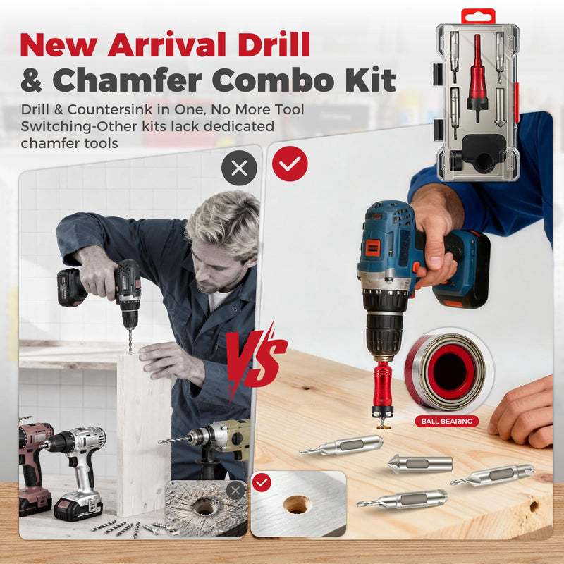 BURMONG 5-Piece Countersink Drill Bit Set with Bearing Depth Stop & Chamfer Tool, 1/4" Hex Shank Quick Change Bi-Directional Cutting Edges for Woodworking (with Adjustable Bearing Depth Stop) With Adjustable Bearing Depth Stop