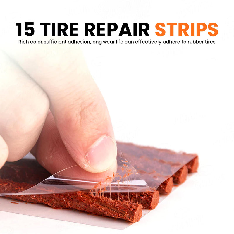 GRAND PITSTOP 27 Pcs Universal Tire Repair Kit, Heavy Duty Car Emergency Tool Kit for Flat Tire Puncture Repair, Compact Kit for Autos, Cars, Motorcycles, Trucks, RVs, etc.(15 Strips) Strip Puncture Kit + 15 Strips