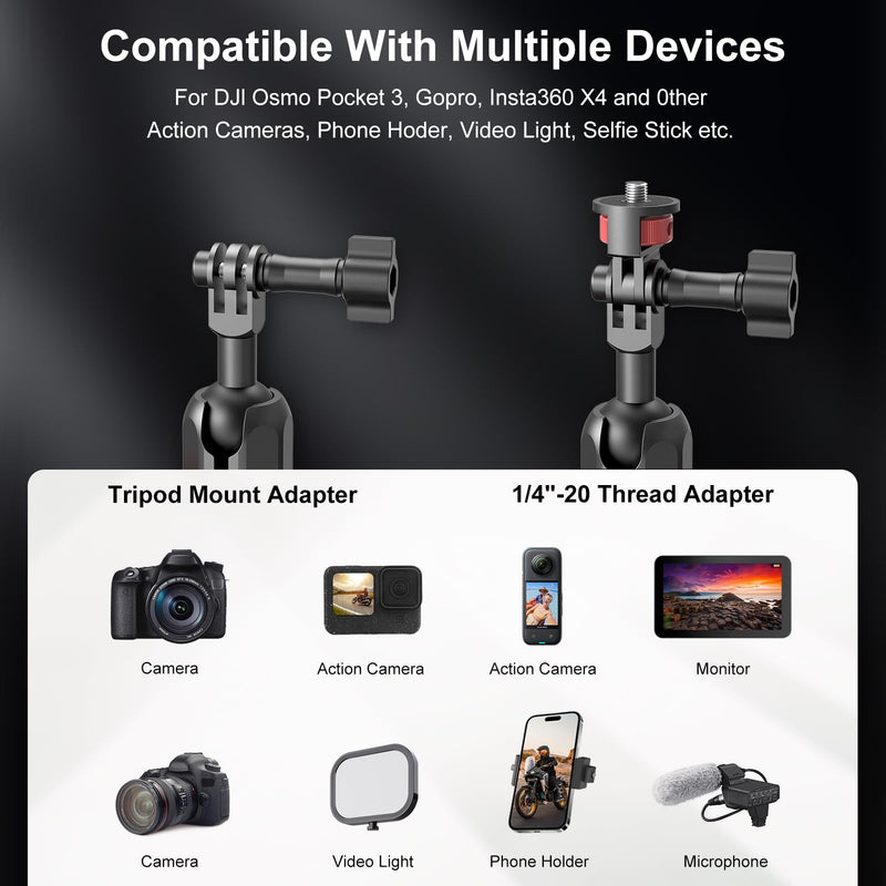 Camera Mount Super Clamp, Double Ballhead Magic Arm Clamp for GoPrO/Pocket 3 /lnsta360 X3 X4 /DSLR/Monitor/LED Light/Flash/Microphone,360°Rotating & 1/4”Screw & CNC Ebike Handlebar Clip Kit, JC008 JC008 Clamp Kit