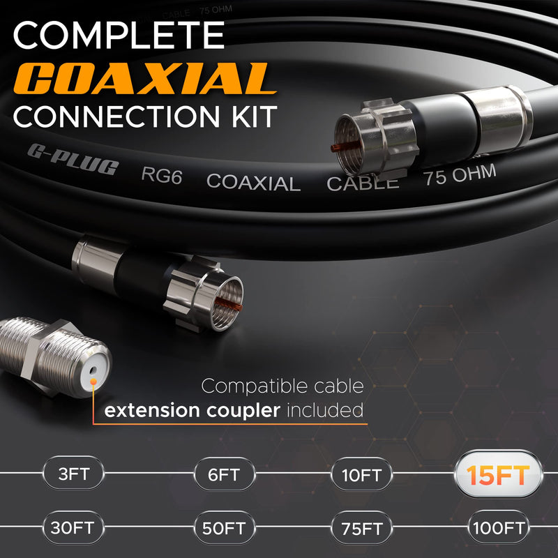 G-PLUG 15FT RG6 Coaxial Cable Connectors Set – High-Speed Internet, Broadband and Digital TV Aerial, Satellite Cable Extension – Weather-Sealed Double Rubber O-Ring and Compression Connectors Black 15 FT