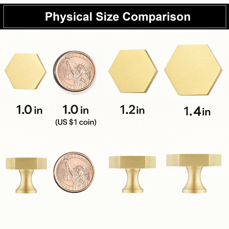 QOGRISUN 10-Pack Solid Brass Cabinet Knobs, Gold Hexagon Knobs for Dresser Drawer, 1.4-Inch Diameter, Modern Kitchen Hardware, Brushed Brass Finish