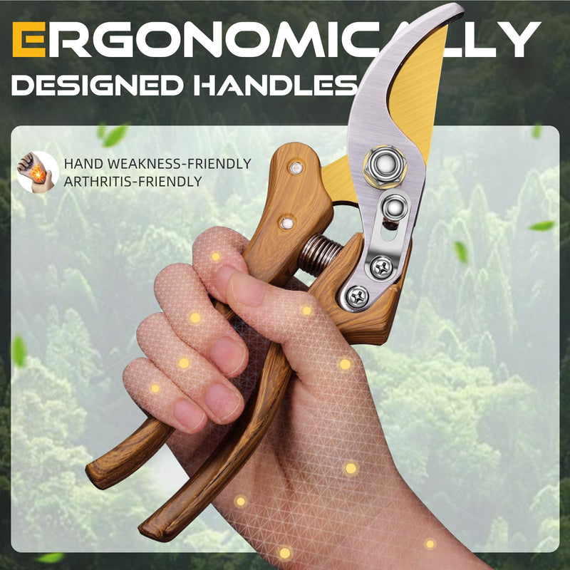 8.5" Professional Bypass Pruning Shears – Heavy Duty Garden Scissors & Clippers for Wood & Tree Trimming, Ultra Sharp SK5 Blade, Ergonomic Handle, Perfect Gardening Gift, 2025 Wood-Like Finish WoodGrain