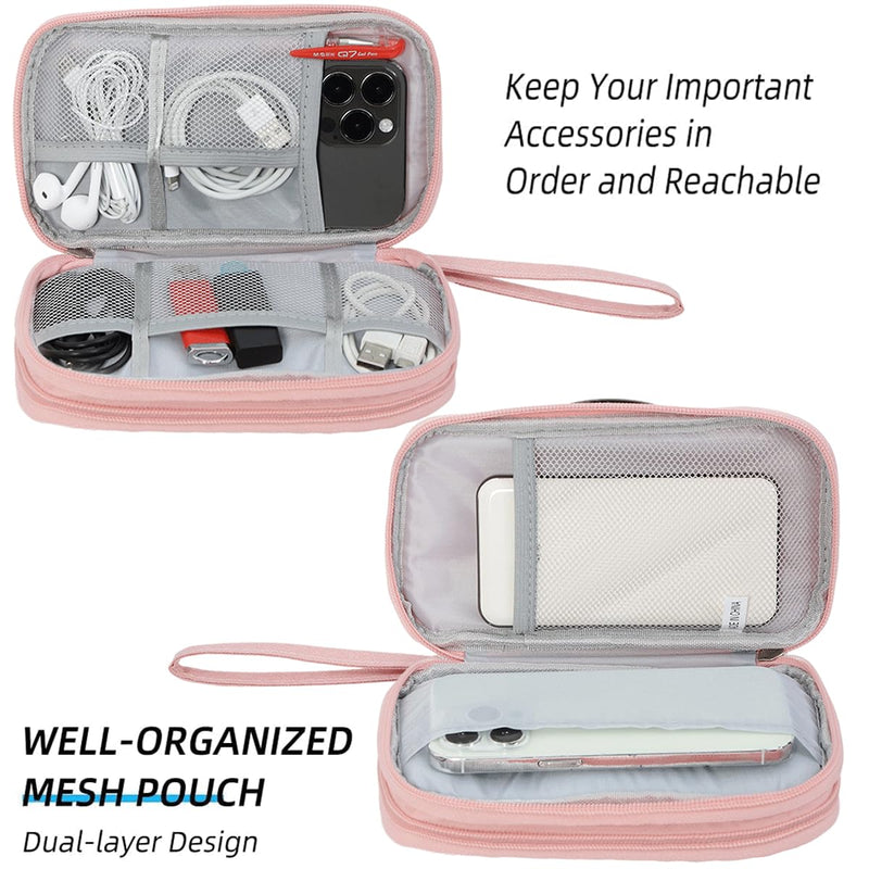 Electronic Cable Organizer Bag, Travel Electronic Accessories Carry Case Portable Waterproof Double Layers Storage Bag for Cable, Cord, Charger, Power Bank, Earphone (Light Pink, Medium) Light Pink