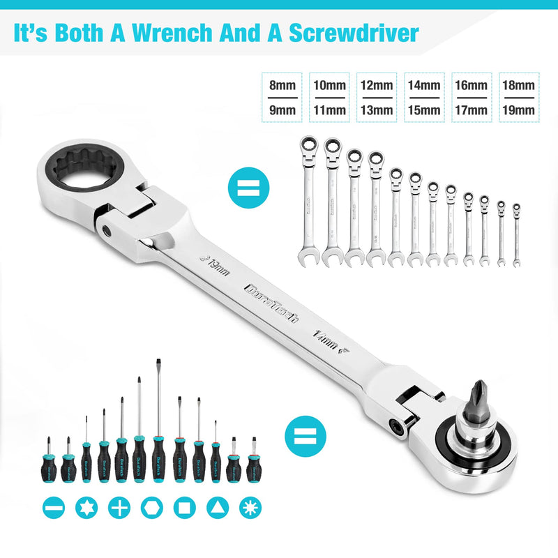 DURATECH 12-in-1 Flex-Head Ratcheting Wrench Set & 24-in-1 Screwdriver Set, Double Box End Wrench 8-19mm, 1/4" Drive Adapter with 24PCS Driver Bits, CR-V Steel, with Tool Box