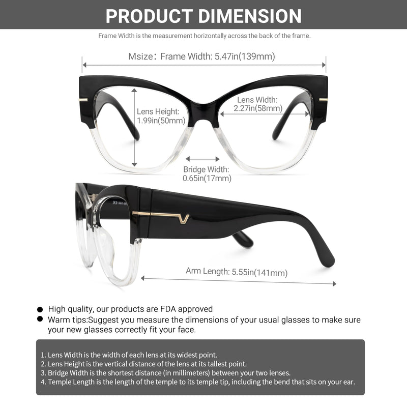 VOOGLAM Oversize Cateye Blue Light Glasses for Women Anti Eyestrain Dry Eyes Computer Phone TV Eyewear Elektra Black White Clear