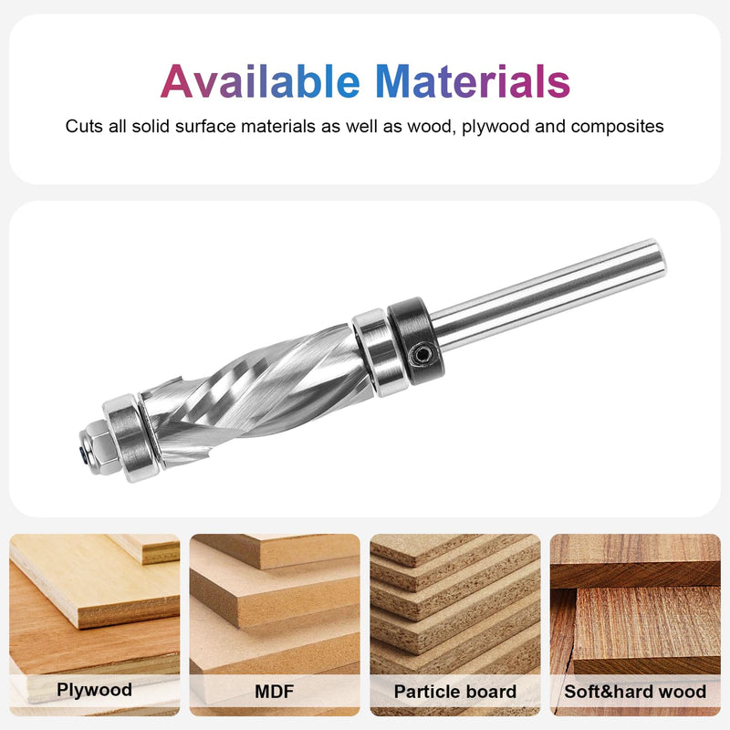 SpeTool Double Bearing Spiral Flush Trim Router Bit 1/4 Inch Shank 1/2 Inch Cutting Diameter, Extra Long Carbide Compression Flush Cut Pattern Bit with Top and Bottom Bearing for Woodworking Uncoated 1/2" Dia-1-1/4" CL-1/4" Shank