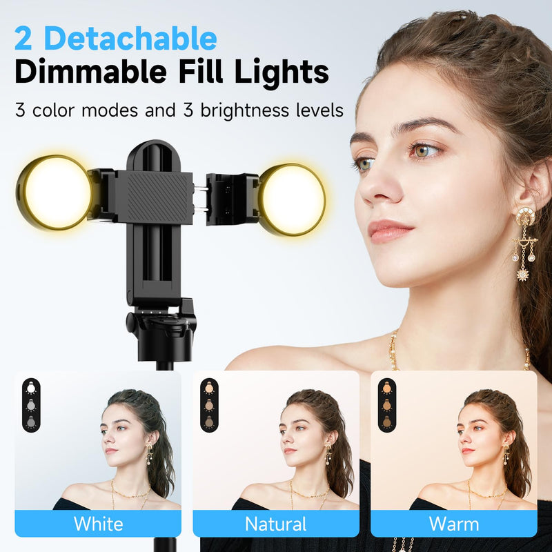 Phone Tripod, Selfie Stick with Light, 3-in-1 Mini Tripod with Wireless Detachable Remote Control & 2 Fill Light, Portable Travel Tripods for Vlog Photography Livestreaming Video Recording