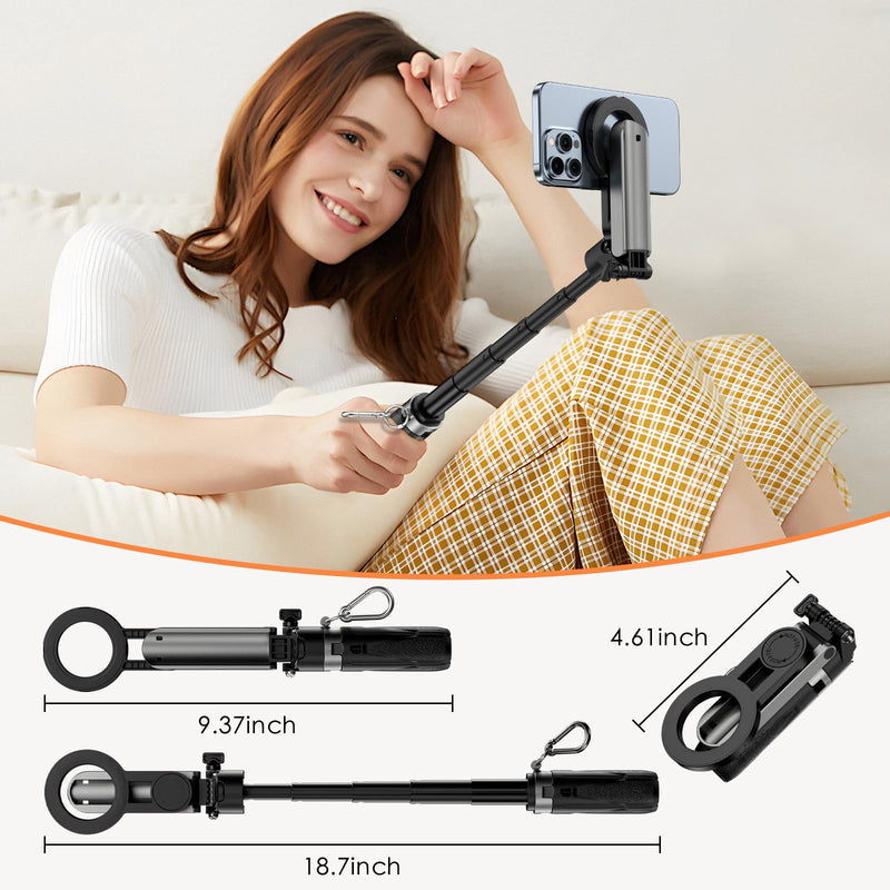 CloudValley Magnetic Mini Selfie Stick Tripod, 4-in-1 Pocket Size Phone Tripod with 360° Rotation, Rechargeable Bluetooth Remote, Foldable Handle Grip, Compatible with MagSafe iPhone for Photo/Video No Light
