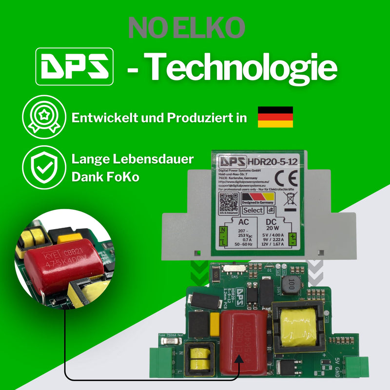 DPS – DIN Rail Power Supply 5V | 9V | 12V - 20W 230Vac Power Supply Transformer HDR20 Switch 5V | 9V | 12V AC NoElko Power Supply Industrial Quality 5V | 9V | 12V