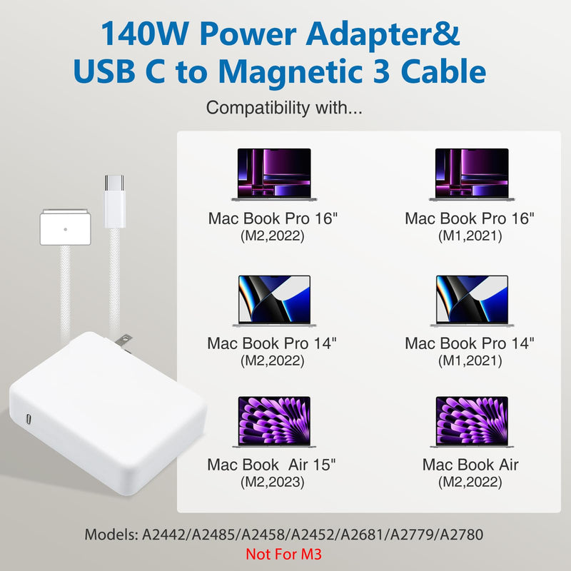 140W USB C to Magnetic 3 Cable, Charger for Mac Book Pro 16,15,14,13 inch,2021-2023 M1 M2 Mac Book Air Laptop Power Adapter & [6.6Ft]