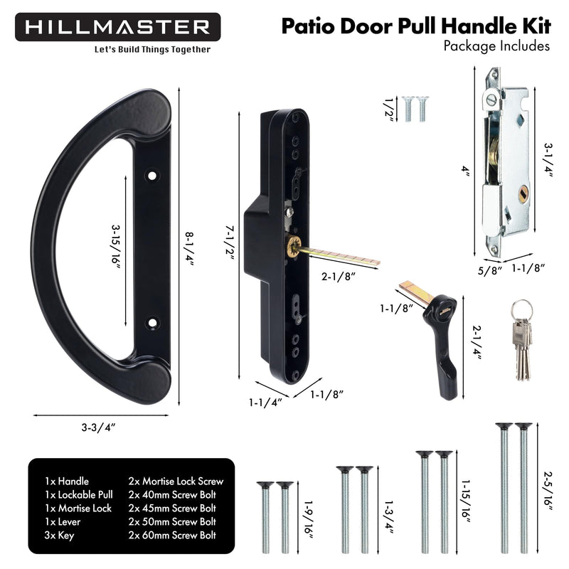 Sliding Glass Door Handle with Mortise Lock and Key Cylinder,Patio Door Lock with Key Replacement Patio Door Handle Set Sliding Door Lock Fits 3-15/16" Screw Hole Spacing,Reversible Design,Black Black
