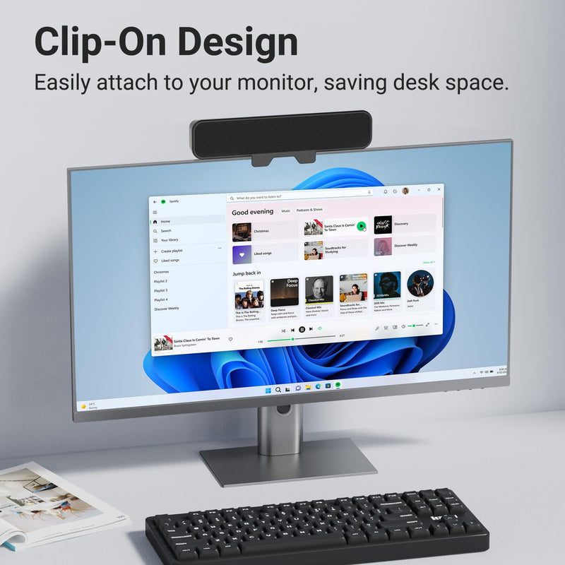 INGA Computer Speakers, USB Plug and Play Desktop Speakers, Easily Clamps to Monitor, PC Speaker with Loud Stereo Sound & Bass,Wired Computer Speakers for Study/Meeting, Compatible with MAC, Laptop