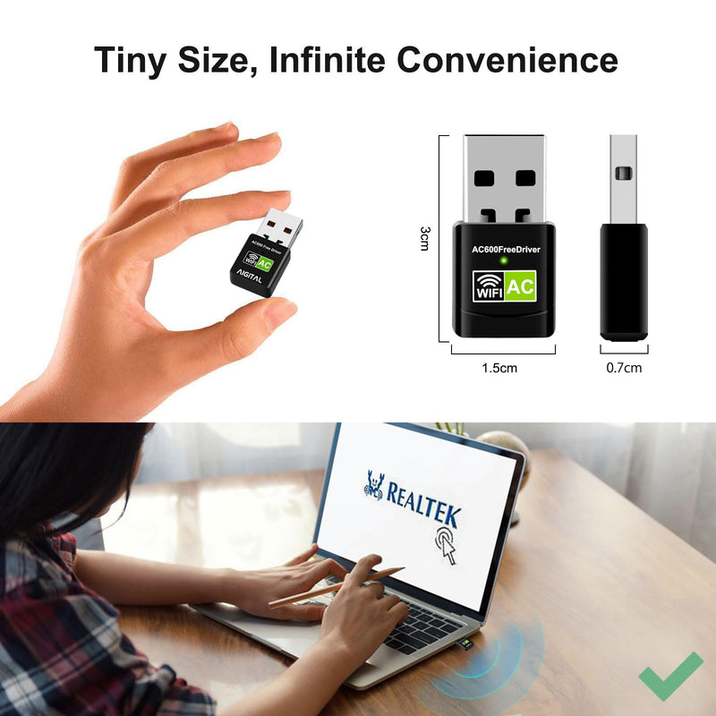 Driver Free USB WiFi Adapter for Desktop PC 600Mbps Dual Band 2.4G 5.8G Wireless Network Adapter, Wi-Fi Dongle Compatible with Windows 11/10/8/7/XP/Vista-Black