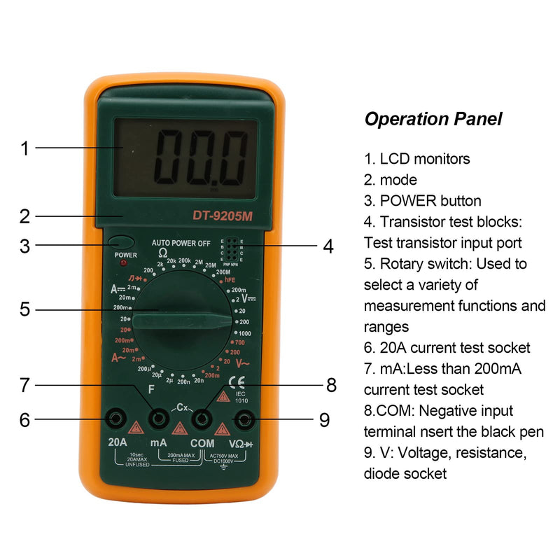 DT-9205M Handheld Multimeter LCD Digital Display Voltage Current Monitor Household Energy Consumption Tester Portable Voltmeter and Ammeter Ohmmeter Resistance Meter with 2 Test Pins