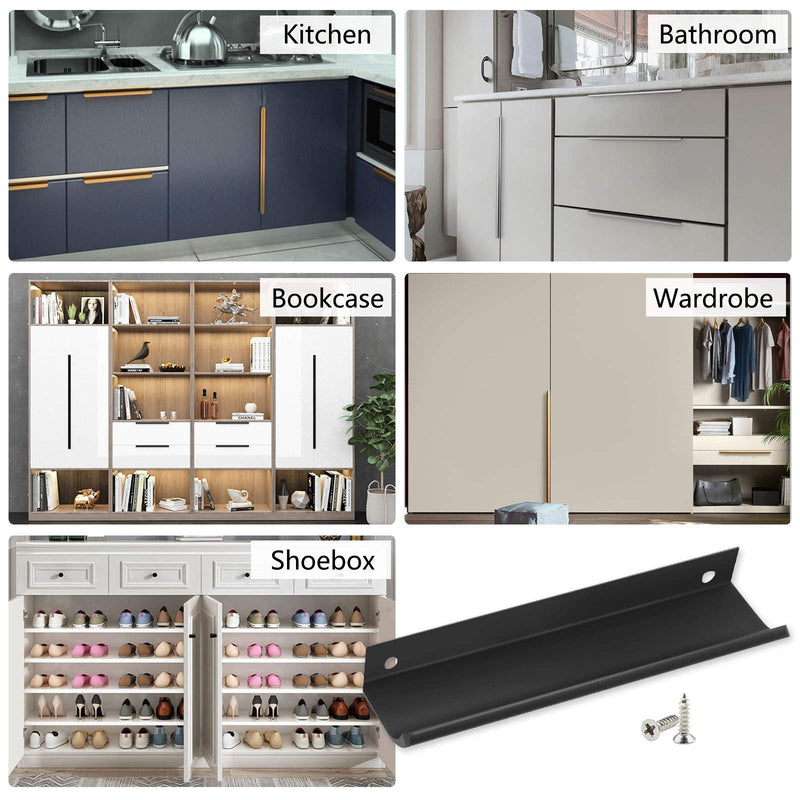 Black Back Mount Finger Edge Pull 300mm/11.8", Aluminum Hidden Handle Concealed Tab Pulls for Home Kitchen Living Room Door Drawer Cabinet (12Pcs) 300mm/11.8" - 12 PCS Black