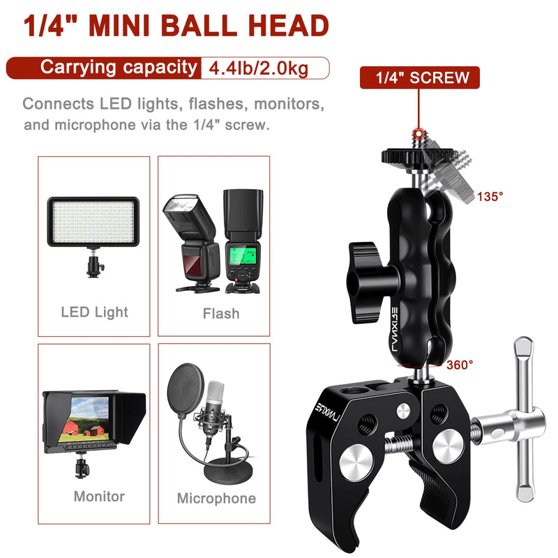 Camera Mount Clamp with Double Ball Head Adapter - 2 Pack. Compatible with LED Lights, Gopro, Insta360, DJI Action, Ronin-M, Ronin MX. 360° Ballhead and 1/4’’ + 3/8’’ Thread Hole.