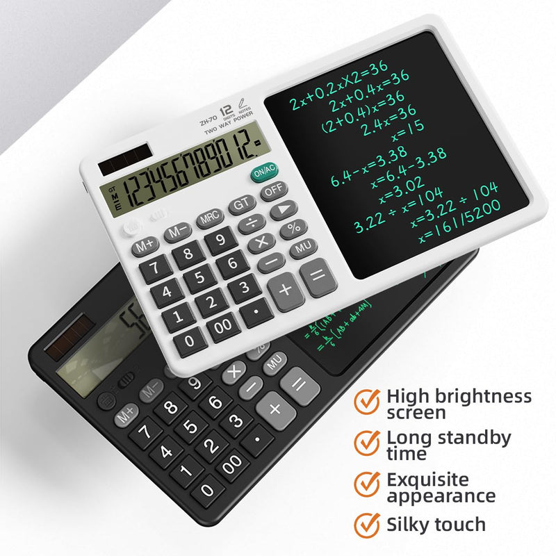 Scientific Calculator with Pull - Out Stylus, 12 - Digit Wide Screen & 100,000+ Reusable Writing Pad, One - Click Clear/Lock, Solar & Battery Dual Power, Portable for School Office Business (Black) Black