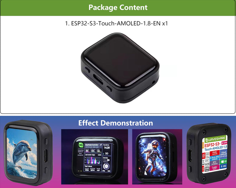 ESP32-S3 1.8inch AMOLED Touch Screen Development Board, 368x448 Pixels, Dual-Core Processor, Onboard Audio Codec, Support Offline Speech Recognition and AI Speech Interaction, for Smart Devices