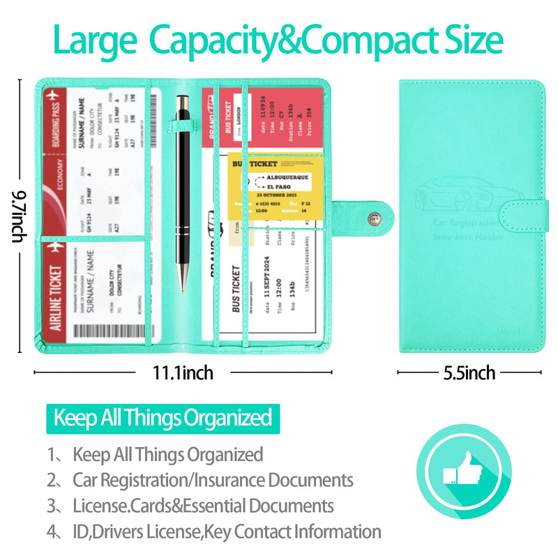 Car Registration and Insurance Card Holder with Magnetic Closure, Leather Vehicle Glove Box Automobile Documents Paperwork Wallet Case Organizer for ID, Driver's License Grass Green