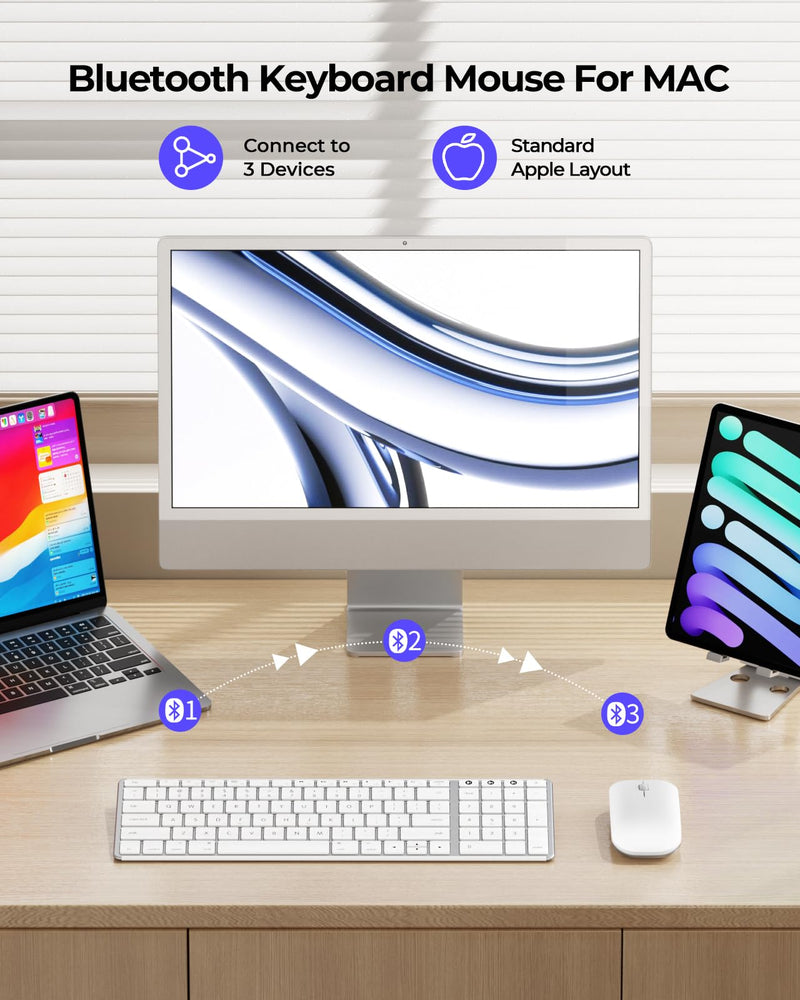 Wireless Bluetooth Keyboard and Mouse for Mac, Multi-Device Rechargeable Keyboard and Mouse Stainless Steel Full Size, Compatible with MacBook Pro/Air, iPad, iMac - White Silver