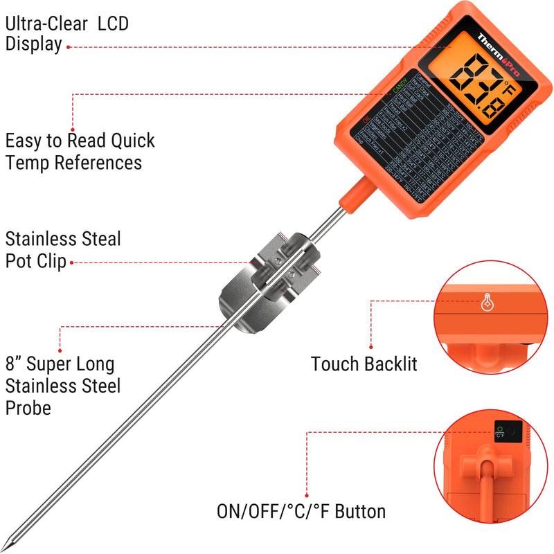 ThermoPro TP510 Waterproof Digital Candy Thermometer with Pot Clip, 10" Long Probe Instant Read Food Cooking Meat Thermometer for Grilling Smoker BBQ Deep Fry Oil Thermometer Temperature Guide