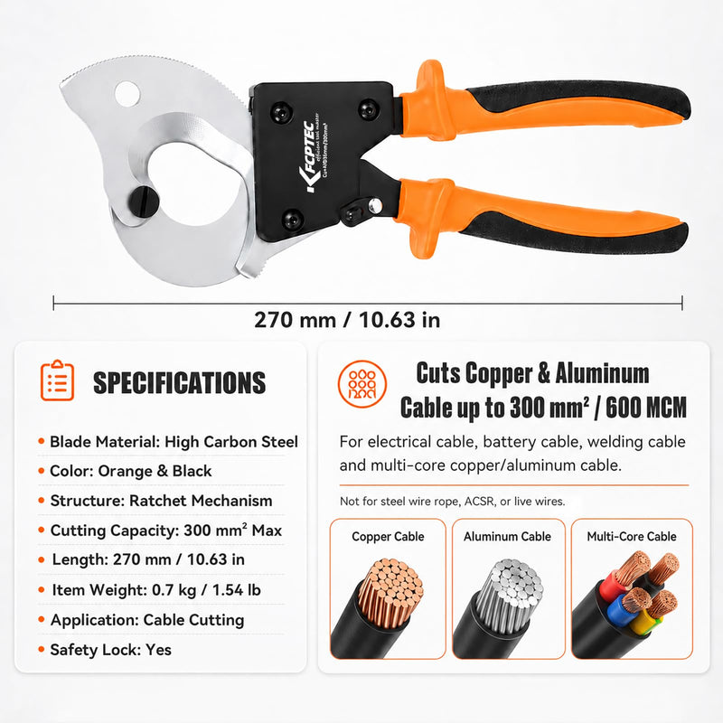 KF CPTEC Ratchet Cable Cutter 300 mm² / 600 MCM, Heavy Duty Ratcheting Wire Cutter for Copper, Aluminum & Multi-Core Electrical Cable with Ergonomic Handle 325AN