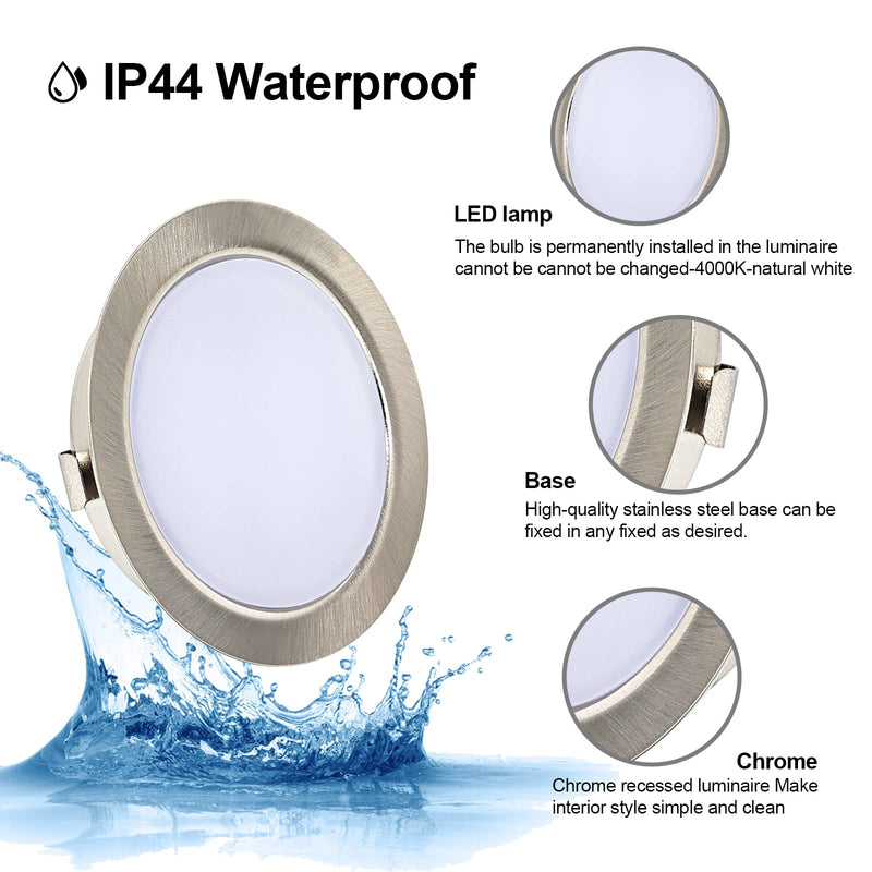 KYOTECH LED recessed furniture light dimmable 230V 4W 4000K warm white G4 LED 300LM bulb furniture recessed spotlight, drill hole 54-58mm and 20mm flat, brushed stainless steel nickel set of 3