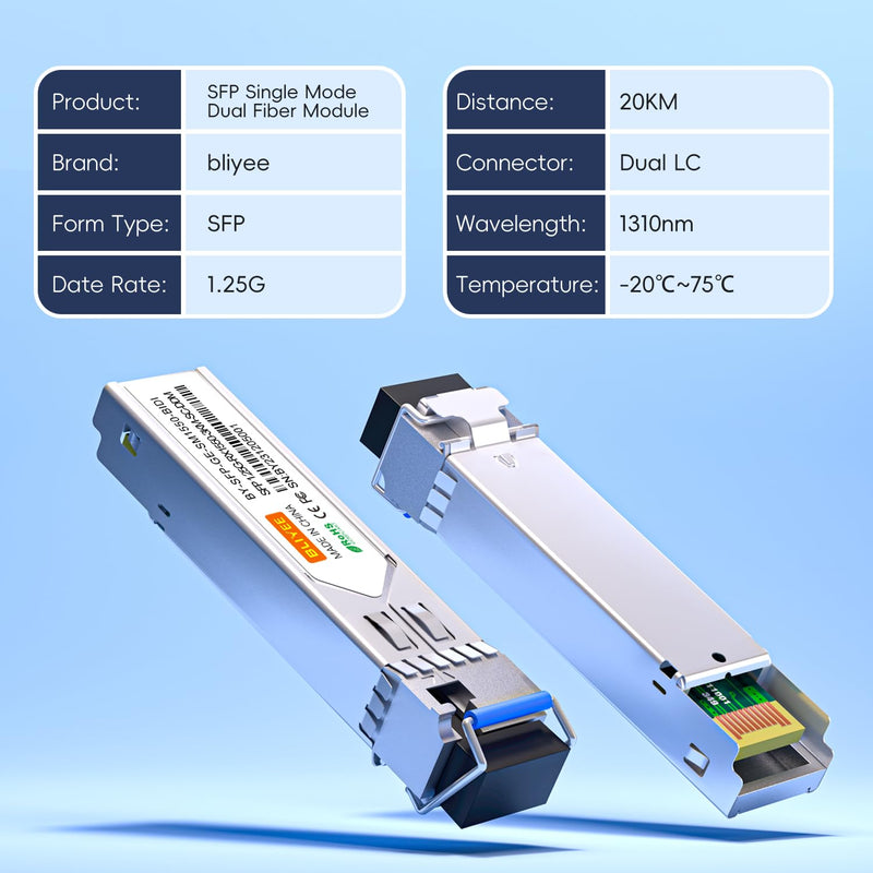 1 Pair 1.25G Single Mode SFP LC Module | 1000Base BiDi Fiber Transceiver | LC Simplex Connector | 20KM | SMF | 1310/1550nm | DDM for Cisco GLC-LH-SMD, Ubiquiti, Netgear, D-Link, Supermicro
