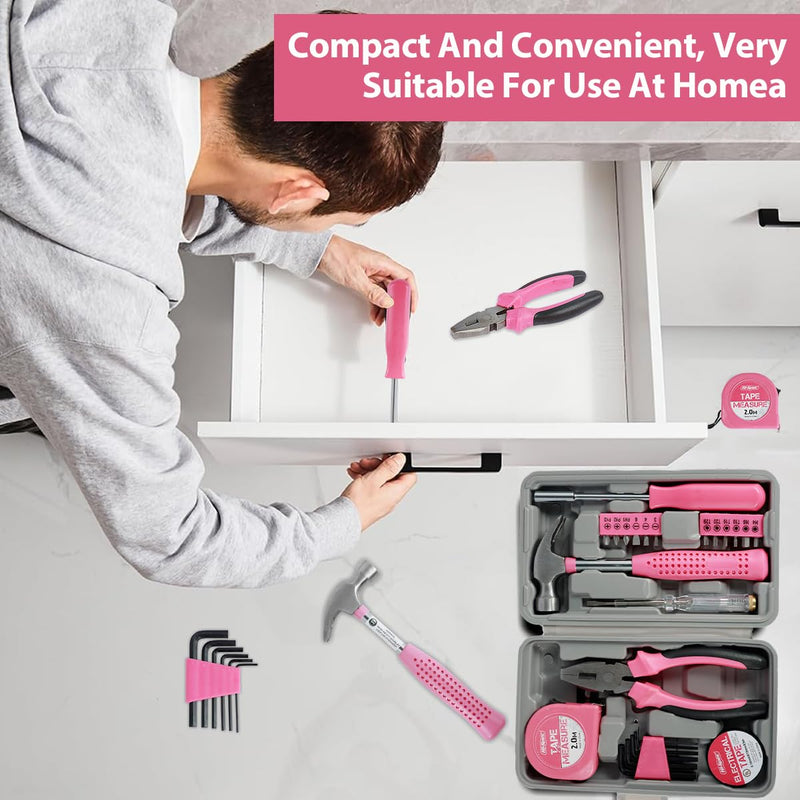 48Pcs Household Repair Tool Kit Multi-Purpose Pink Home Hand Tool Set with Case Hammer and Allen Key Set with Electrical Tape Screwdriver Test Pen Plier Bits 48
