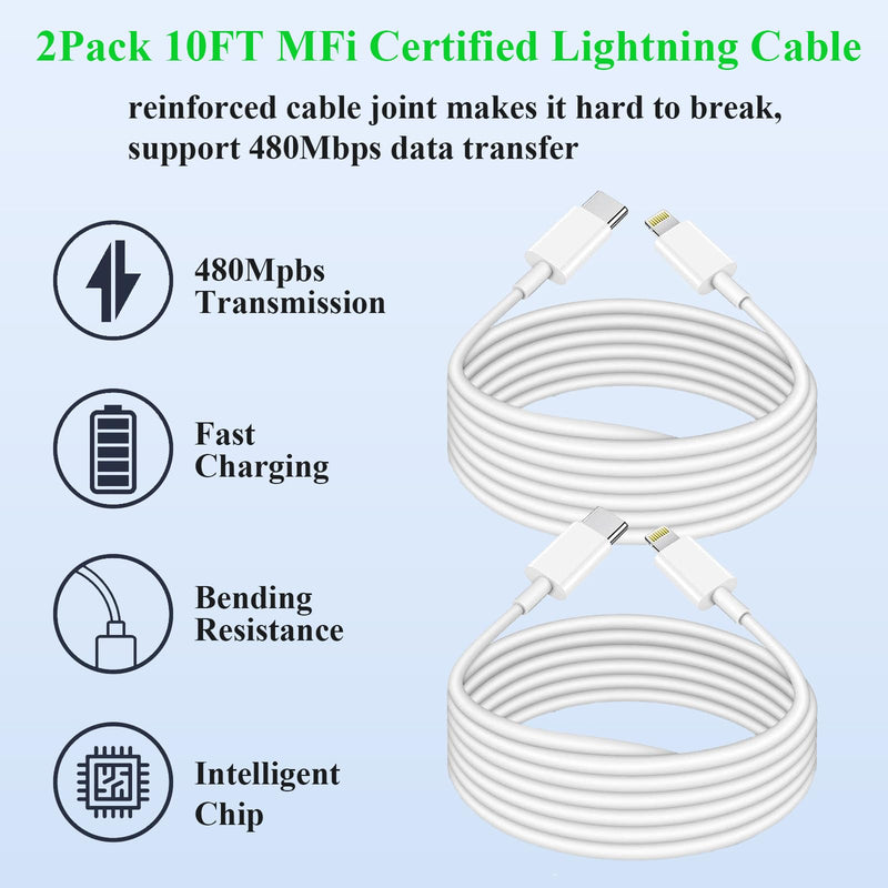 2Pack Fast Charger iPhone [Apple MFi Certified],10FT iPhone Charger Fast Charging USB C to Lightning Cable with 2Pack PD USB C ChargerBlock 10ft i Phone Charger Cord for i Phone 14/13/12/11/X/XS Max/8 10FT(C-L 2 Pack)