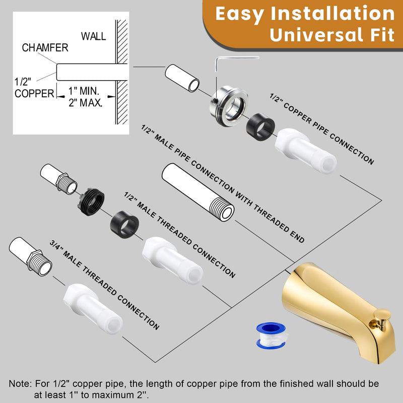 Dreyoo Tub Spout (Universal Fits 1/2" Copper Pipe, 1/2" IPS and 3/4" IPS), Bathroom Bathtub Faucet with Adapters and Hex Wrench(Polished Brass,Simple) Polished Brass Simple
