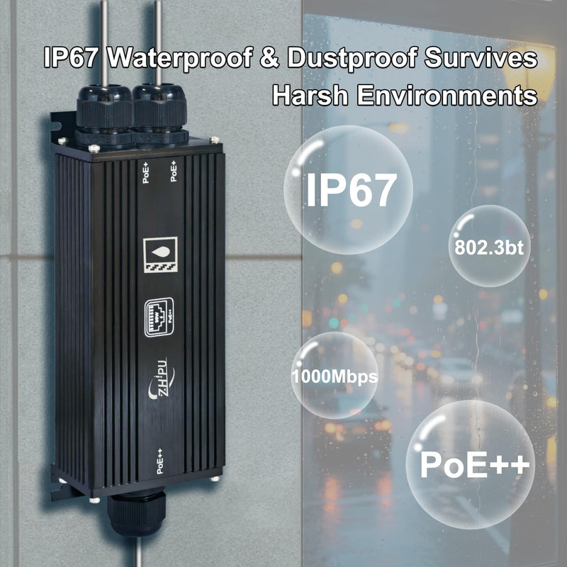 IP67 Waterproof Industrial Grade Gigabit PoE++ Extender,1 in 2 Out 90W Input,3-Level Cascade up to 400m,Plug-and-Play for Surveillance/Outdoor Networks