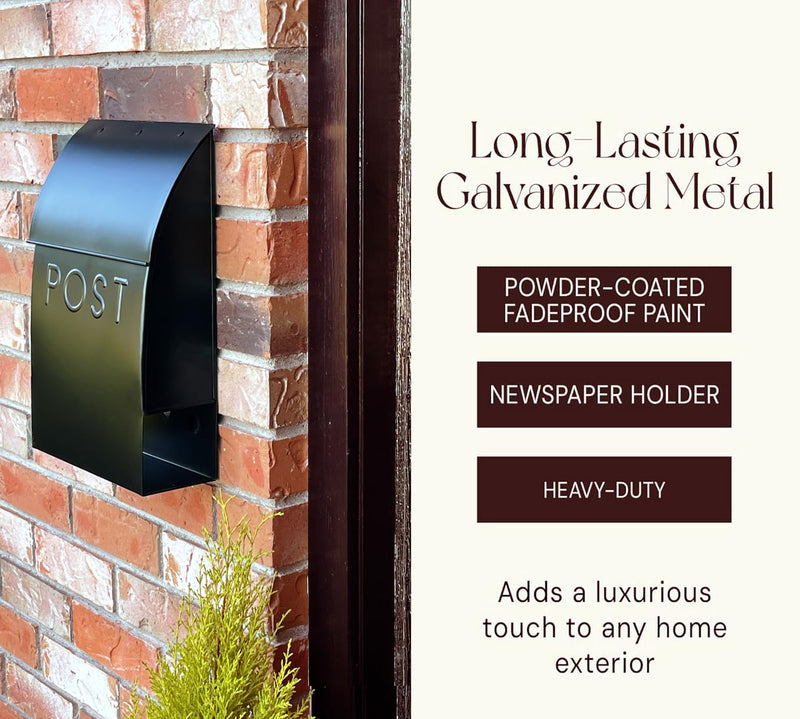 NACH Mailboxes for Outside Wall Mount, 15 x 10 x 4 inches, Black Wall Mounted Mailbox and Newspaper Holder, Waterproof Mailbox for Door - The Milano Mailbox Post - Black