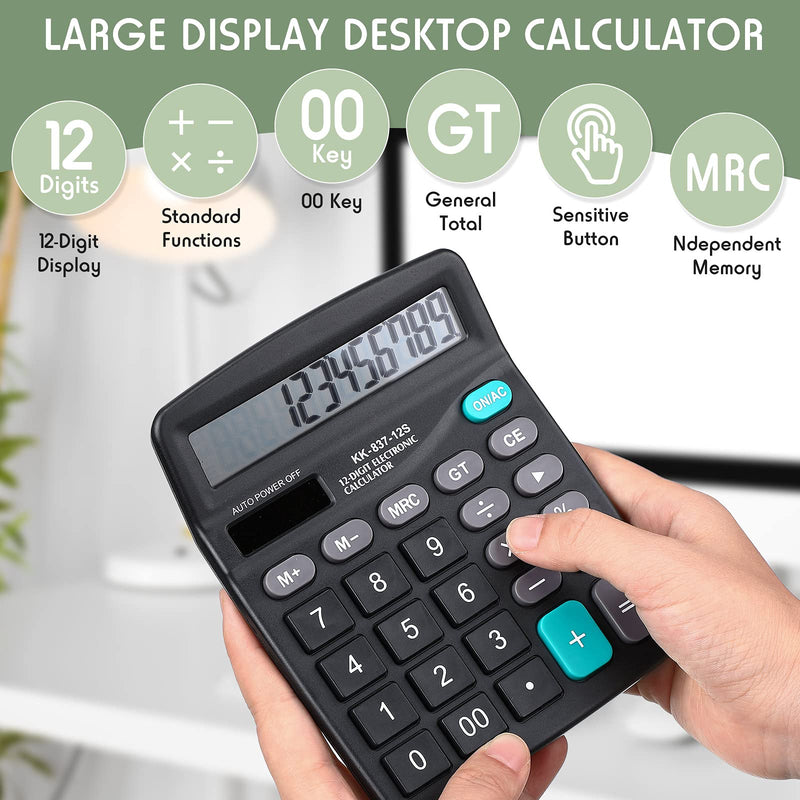 Konohan 8 Pieces 12-Digit Calculator, Solar Basic Desktop Calculator Large Display Electronic Dual Power Handheld for Home Office School(Black) Black