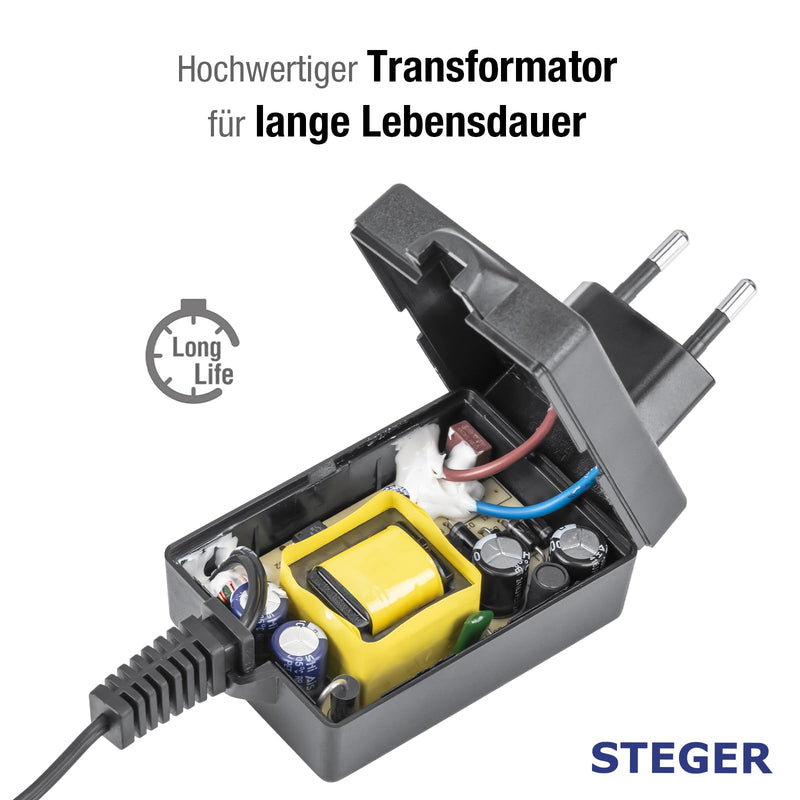 STEGER 12 V Power Supply 1 A 12 W, Certified Power Supply for Toys, LED, Model Making and IT Devices, 12 Volt Power Supply with Plug 5.5 mm x 2.1 mm, Universal Power Supply 100-240 V AC/DC Adapter 50-60 Hz 12 watts